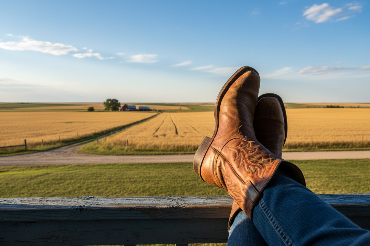 cowboys boots resting on farm freedom